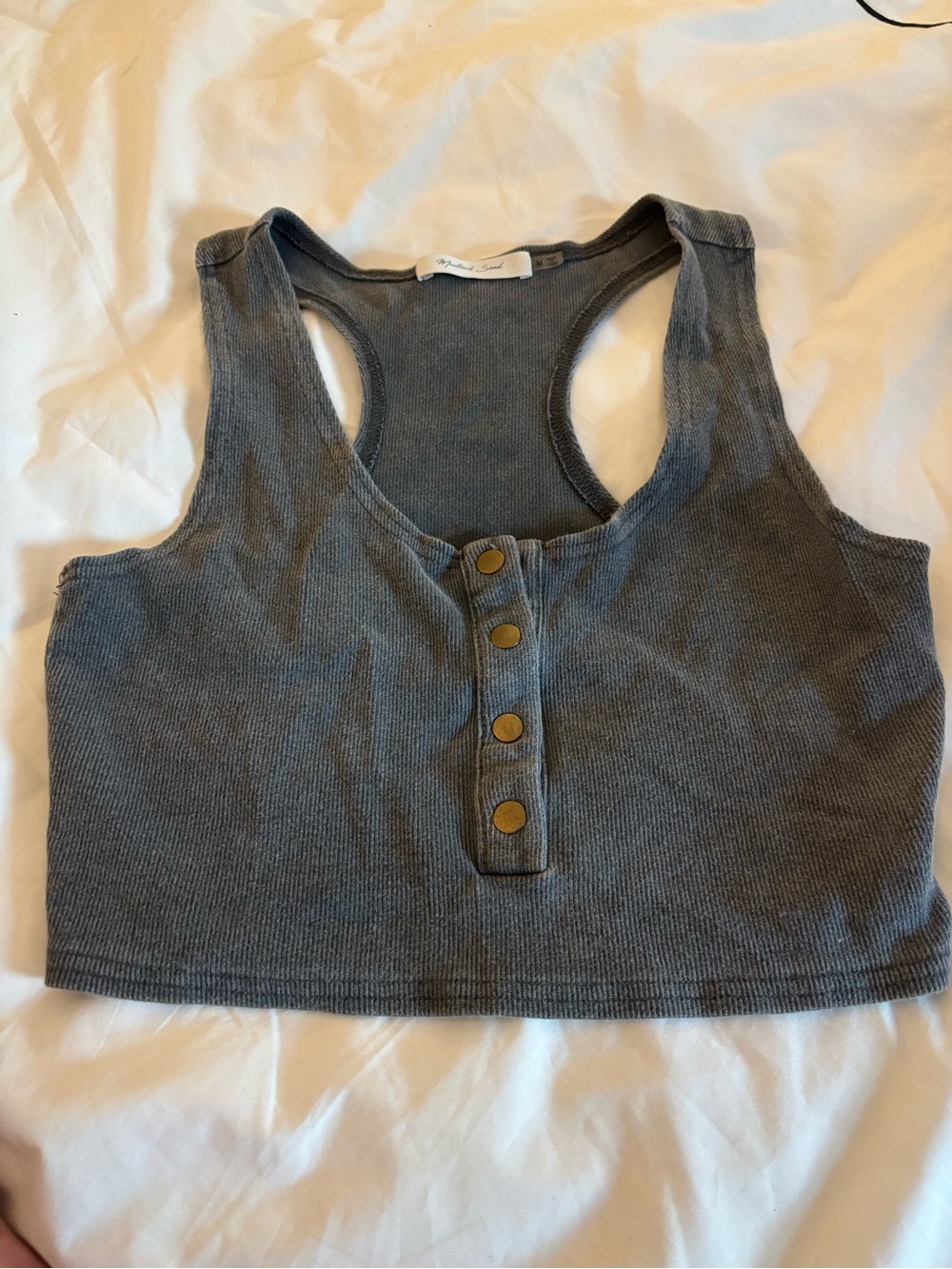 Mustard Seed Gray Ribbed Henley Racerback Crop Top